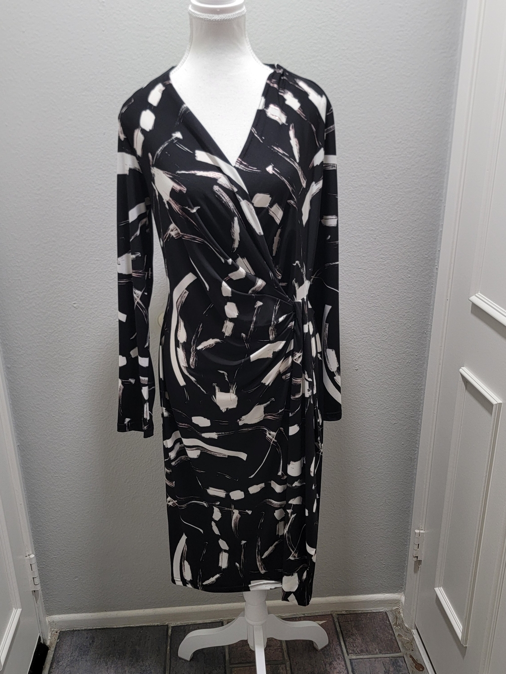 Joseph Ribkoff Black and White Long Sleeve Wrap-Style Dress